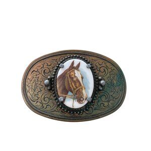 Vintage Western Belt Buckle Oval Copper Tone Horse Head Cowboy Southwestern